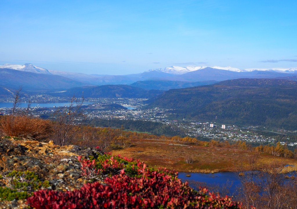 Høstbilde av Mo i Rana tatt fra Mofjellet.